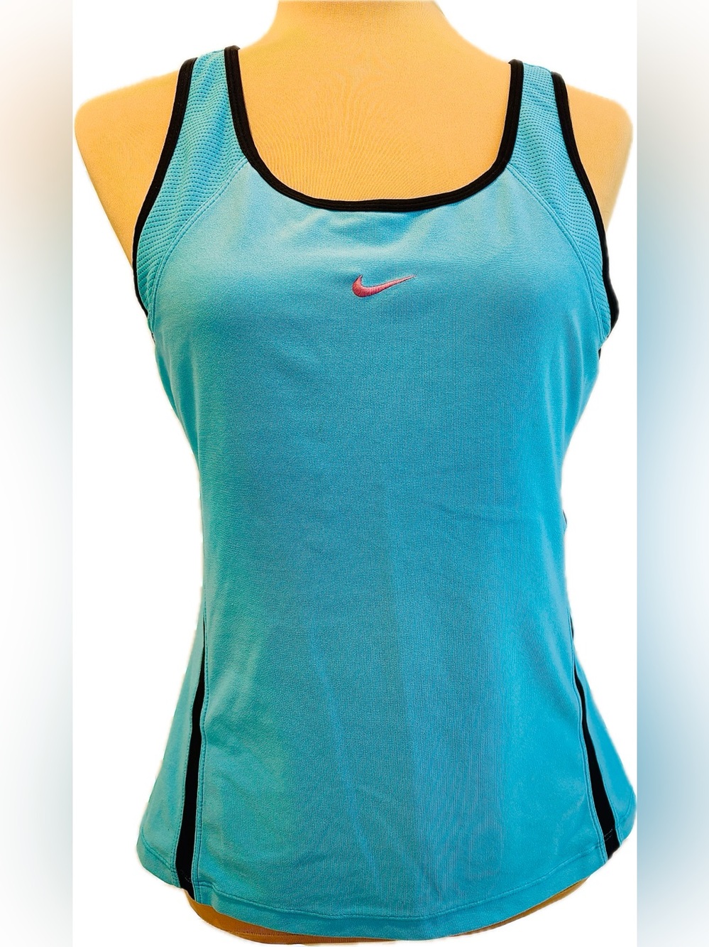Nike Light Blue and Black Women's Athletic Top with Pink Swoosh